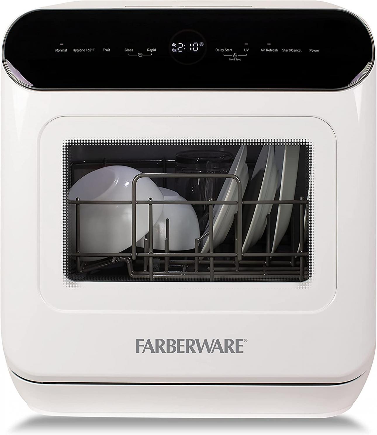 Farberware FCDMGDWH Complete Portable Countertop Dishwasher with LED Light 2 Place Settings, 5 Wash Programs, Glass Door, White