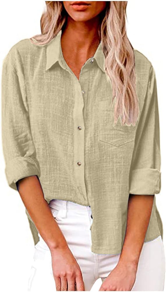 SMIDOW Womens Button Down Cotton Linen Shirts V Neck Roll Up Long Sleeve Blouses Loose Collared Shirt Casual Work Tops