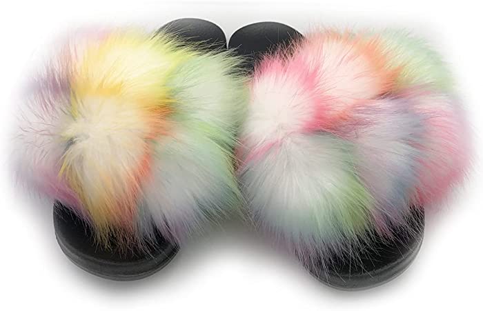 Unpafcxddyig Women Faux Fox Fur Slippers Feather Vegan Leather Open Toe Slip On Sandals