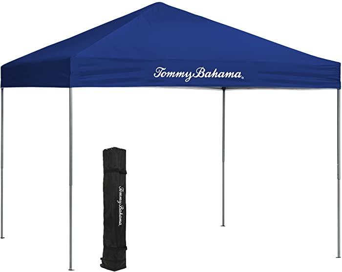 Tommy Bahama Patented 10 x 10 Pop Up Canopy EZ Open Tent. Canopy with Roller Bag and Tent Spikes for All Outdoor Activities