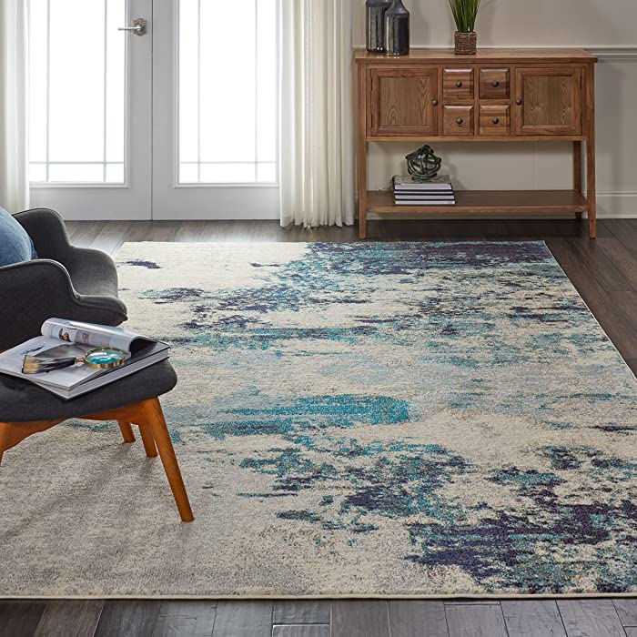 Nourison Celestial Ivory/Teal Blue 6'7" x 9'7" Area Rug, Modern, Abstract, Easy Cleaning, Non Shedding, Bed Room, Living Room, Dining Room, Kitchen, (7' x 10')