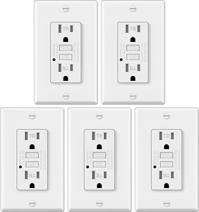 5 Pack - ELECTEK 15A/125V Tamper Resistant GFCI Outlets, Decor Receptacle with LED Indicator, Decorative Wall Plates and Screws Included, Residential and Commercial Grade, ETL Certified, White