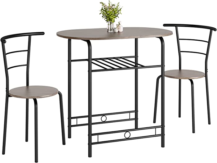 3 Piece Dining Bistro Table Set, Round Table and Chair Set with Steel Frame and Storage Shelf, Kitchen Breakfast Compact Table Set for Small Space, Dining Room, Apartment, Pub (Brown)