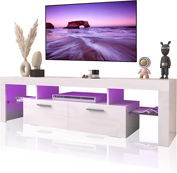 Entrintou TV Stand for 55/65/70 inch TV，Entertainment Center with 2 Drawer Storage，Modern LED TV Table Media Console for Living Room Bedroom，White