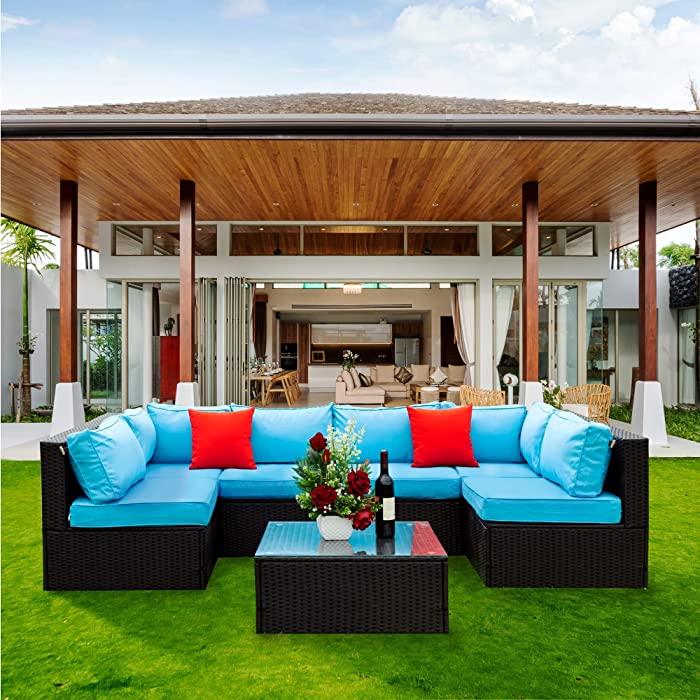 Merax 7 Pieces PE Rattan sectional Outdoor Furniture, Blue+Black 2