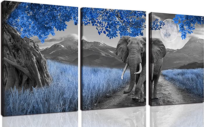 THRLVEART Elephant Wall-Art - Bathroom Artwork for Wall - Royal Blue Wall Decor for Living Room - 3 Piece Canvas Wall Art Ready to Hang Size 16" x 12"