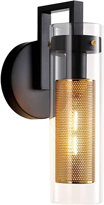 Modern Dual Shade Wall Sconces with Clear Glass Outer Shade and Metal Mesh Inner Shade Indoor Black and Gold Wall Mounted Lamp for Mirror, Living Room, Bedroom, Hallway, Porch, Corridor