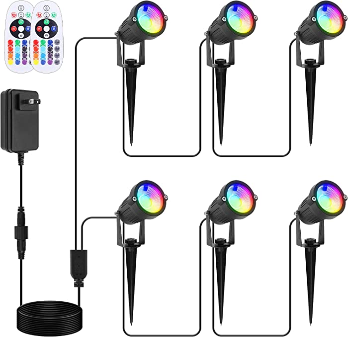 VOLISUN 4W RGB Remote Control LED Outdoor Uplights with 16 Color Changing (Metal Material)12V Low Voltage Landscape Spotlights with Transformer Waterproof Pathway Lights for House Indoors (6 Pack)