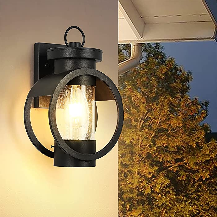Industrial Outdoor Wall Sconce Modern Exterior Wall Mounted Lighting Fixtures Waterproof Outdoor Wall Lantern, Matte Black Outside Wall Lamp with Seeded Glass for House, Porch, Garage