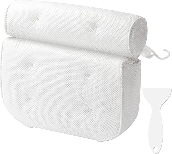 HEETA Bath Pillow, Extra Soft and Thick Bathtub Cushion for Soaking Tub - 3D Mesh Technology and 6 Suction Cups, Spa Bath Accessories with Neck, Head, Shoulder and Back Support Luxury Headrest (White)