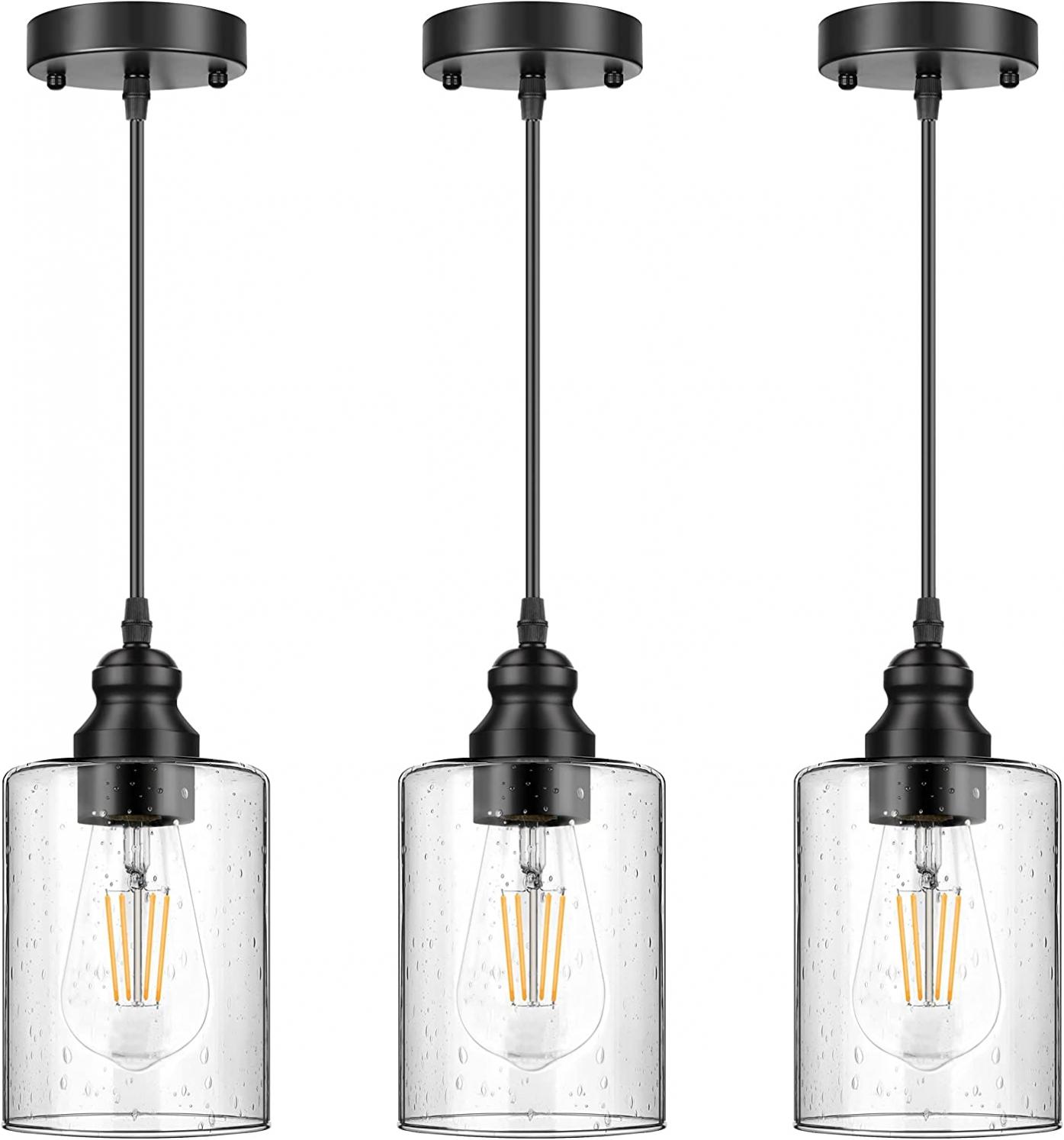 3-Pack Industrial Pendant Lights, Seeded Glass Pendant Lamp Shade, Modern Indoor Hanging Light Fixtures, Black Farmhouse Ceiling Light for Hallway Porch Corridor Kitchen Bedroom, Bulb Not Included