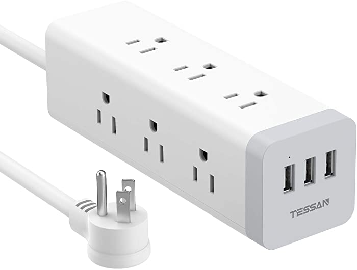 TESSAN Long Power Strip Surge Protector, 3 Prong Flat Plug Desktop Charging Station with 9 AC Outlets and 3 USB Ports, 6.5 FT Mountable Extension Cord 15A 1875W for Home, Indoor, Office, Grey