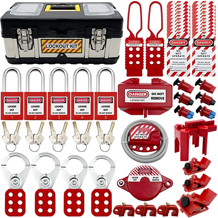 Lockout Tagout Kit - Clamp-On Circuit Breaker Lockout, Group Lockout Hasps, Lockout Tag, Universal Multi- Pole Breaker with Tool Box