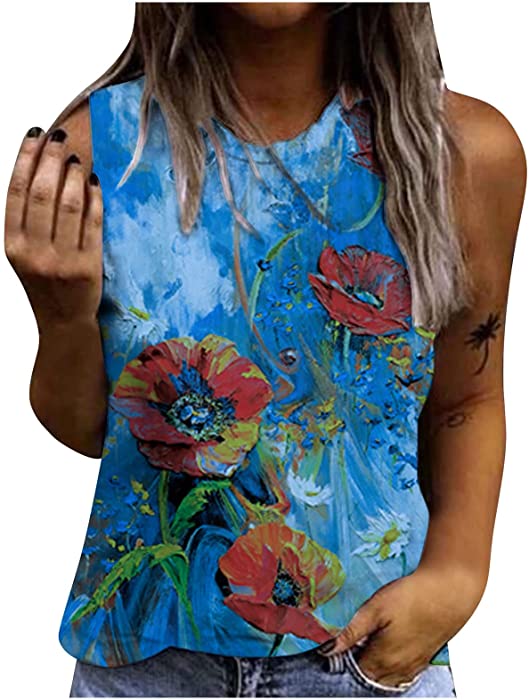 Women's Summer Sleeveless Crew Neck Tank Tops Vintage Floral Graphic Tee Tshirts Casual Basic T Shirts Blouse