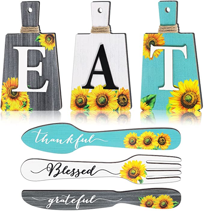 6 Pieces Sunflower Cutting Board Eat Signs Set Sunflower Hanging Art Kitchen Eat Sign Fork and Spoon Wall Decor Rustic Primitive Country Farmhouse Kitchen Decor for Kitchen Home Decoration