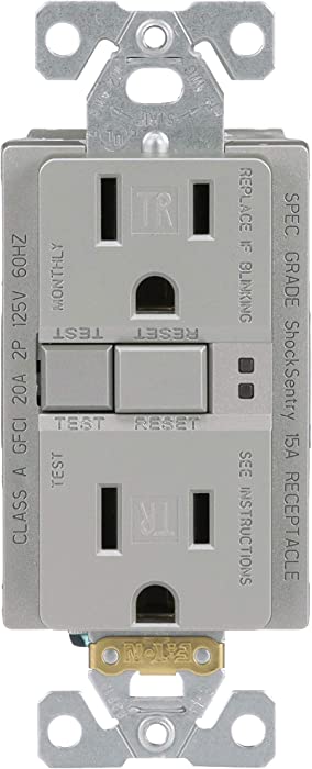 EATON TRSGF15SG-L Wiring Self-Test Tamper Resistant Gfci Receptacle, 4.2 in L X 1.68 in W X 1.27 in D, Automatic, Silver Granite