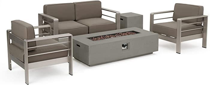 Christopher Knight Home Cape Coral Outdoor Chat Set with Fire Table, 5-Pcs Set, Khaki / Light Grey