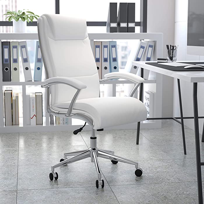 Flash Furniture High Back Designer White LeatherSoft Smooth Upholstered Executive Swivel Office Chair with Chrome Base and Arms