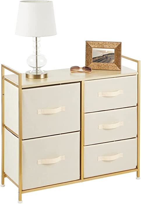 mDesign Storage Dresser Furniture Unit - Large Standing Organizer Chest for Bedroom, Office, Living Room, and Closet - 5 Drawer Removable Fabric Bins - Cream/Soft Brass