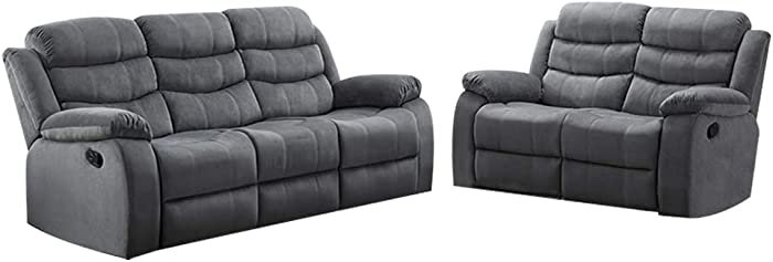 AC Pacific 2-Piece Reclining Living Room Upholstered Sofa, Set with 4, Dark Grey