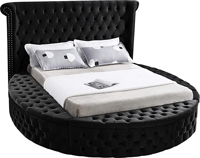 Meridian Furniture Luxus Collection Modern | Contemporary Round Shaped Velvet Upholstered Bed with Deep Button Tufting and Footboard Storage, King, Black