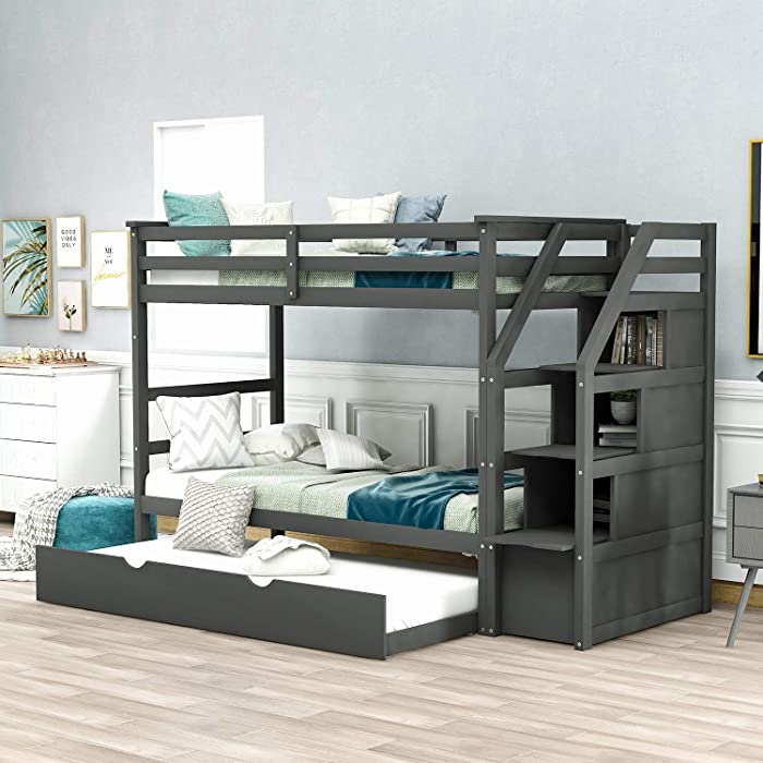 Merax Solid Wood Twin-Over-Twin Bunk Bed with Trundle and 3-Storage Staircase, Trundle Bunk Bed, Staircase Can be Installed on Right or Left Side (Grey)