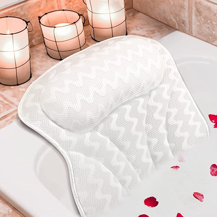 Tiikiy Bath Pillow, Bathtub Pillow for Neck, Head and Shoulders, 3D Air Mesh Bath Tub Pillow with 6 Strong Grip Suction Women & Men, Dry Quickly Spa Pillow, Comfortable Bath Accessories