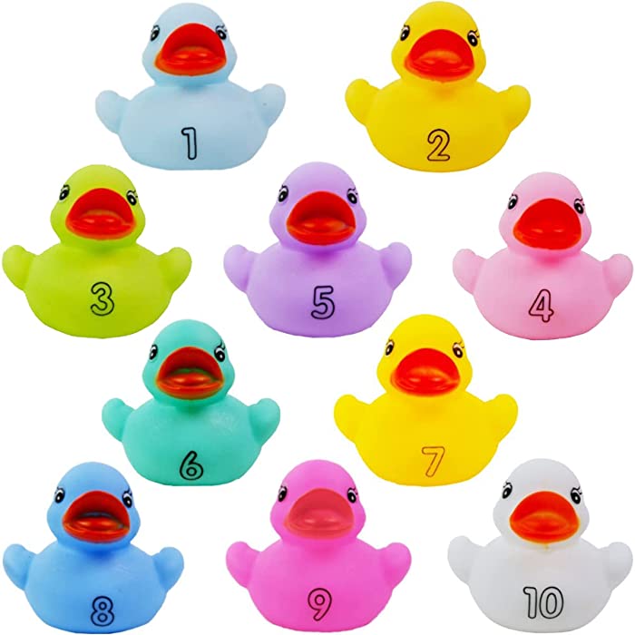 1, 2, 3 Numbers Counting Rubber Ducks Colorful Bath Toys - Learn to Count Educational Duckies Bathtub Set for Kids - 10 Pack