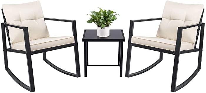 Devoko 3 Piece Rocking Bistro Set Wicker Patio Outdoor Furniture Porch Chairs Conversation Sets with Glass Coffee Table (Beige)