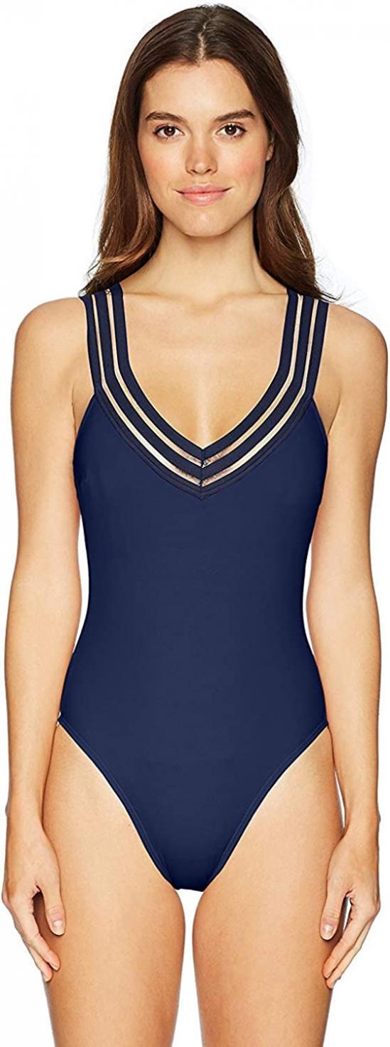 Kenneth Cole New York Women's Standard Wide Band V-Neck Cross Back One Piece Swimsuit