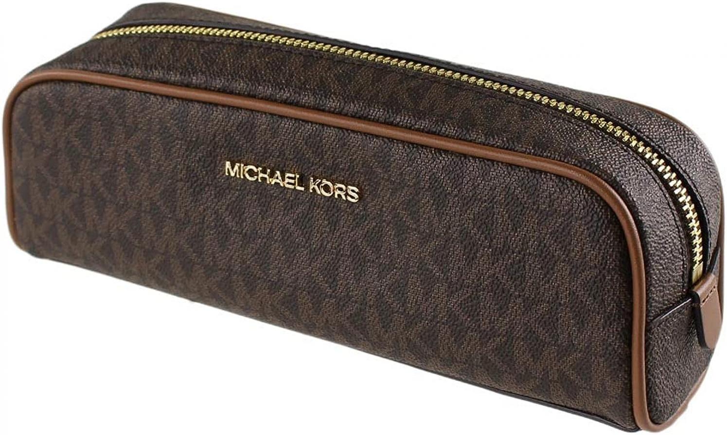 Michael Kors Giftables Medium Pencil Case Signature Leather Makeup Case (Brown)