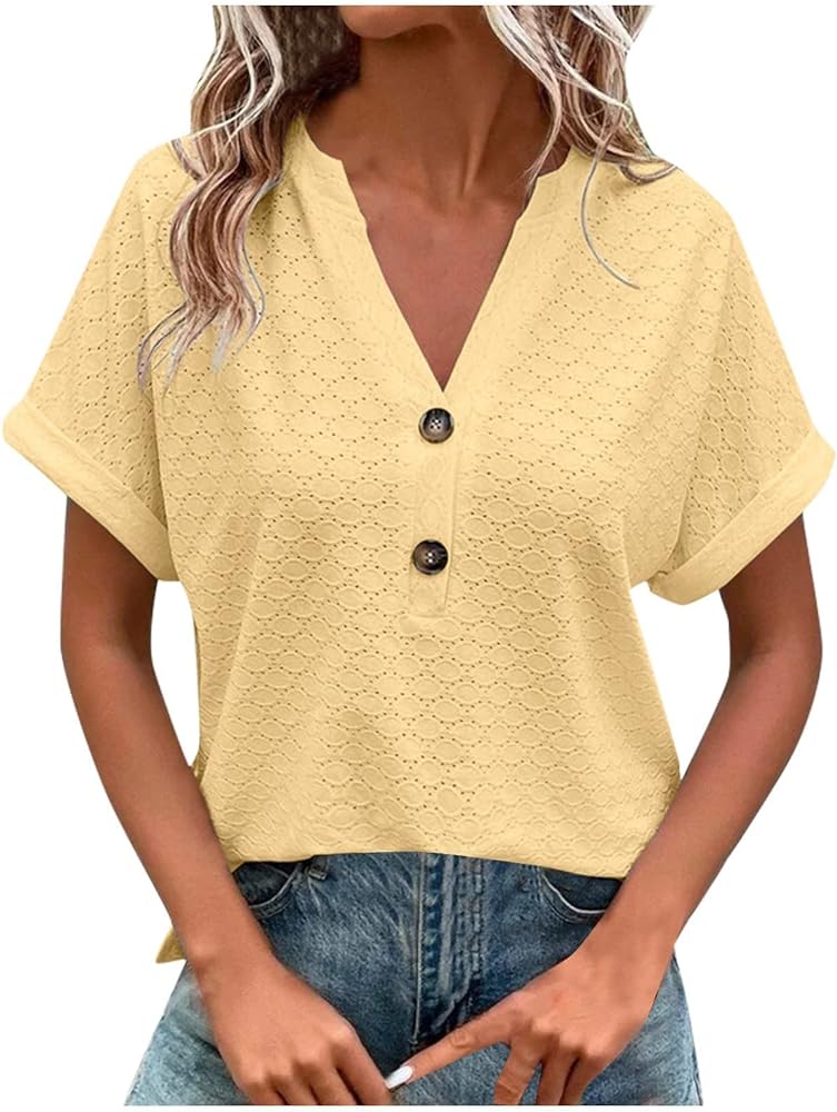 Summer Tops with Short Sleeve for Women 2024 Trendy V-Neck Solid Color Blouses Fashion Casual Loose Fit Shirts