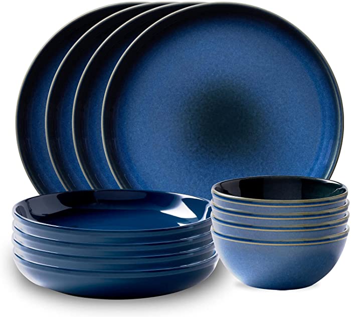 Corelle | Navy Stoneware Service for Four | Four Dinner Plates, Deep Bowls, and Meal Bowls | 12 Piece Kit | Easy to Clean Plates are Triple Layered and Resistant to Chips and Cracks