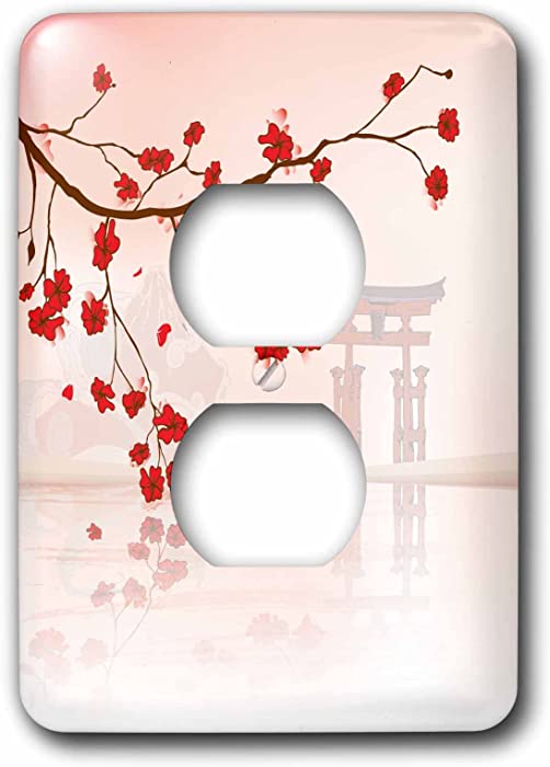 3dRose Dooni Designs Oriental Inspired Designs - Beautiful Japanese Sakura Red Cherry Blossoms Branching Reflecting Over Water - 2 plug outlet cover (lsp_116168_6)
