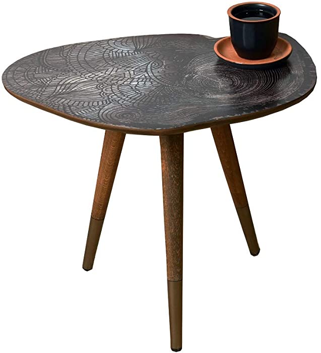 VHD Black Stone Mandala Design Modern Home Decor Round Side Table End Table Accent Coffee Table Small Tables for Living Room Bedroom Balcony Family and Office, Easy Assembly (22in x 17.7in)