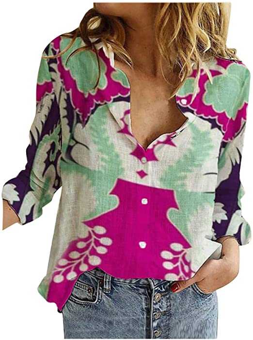 Button Down Shirts for Women V Neck Casual Work Formal Plain Tops Long Sleeve Blouse Trendy Print Collared Tunic Top