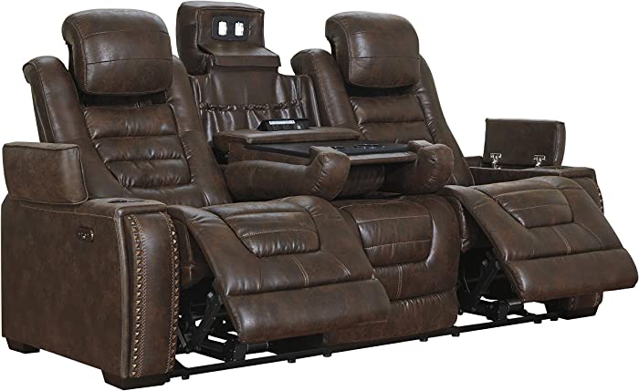 Signature Design by Ashley Game Zone Faux Leather Adjustable Power Reclining Sofa with Cup Holders and Storage, Brown