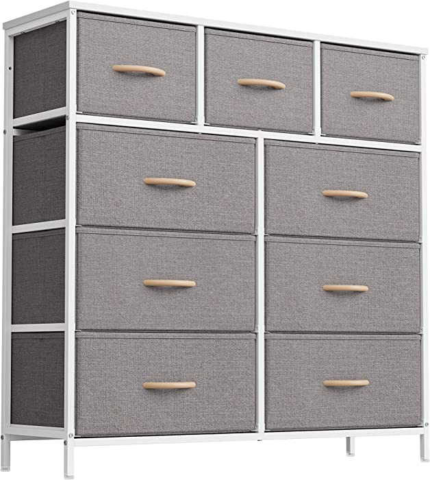 FEZIBO Dresser Organizer, Chest of Drawers-Dresser for Bedroom, Hallway, Entryway, Closets, Furniture Storage Tower-Steel Frame, Wood Top, Easy Pull Handle-9 Drawers Organizer Units-Light Grey