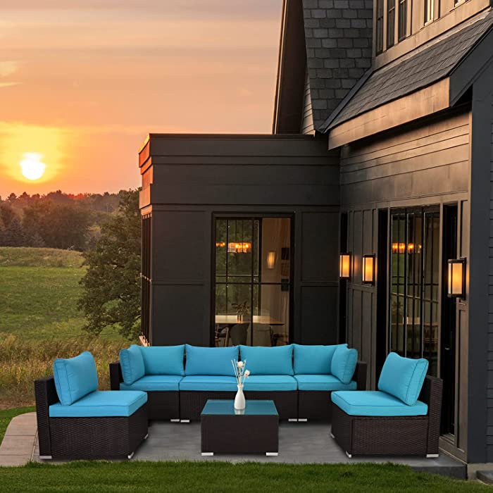 ESSENTIAL LOUNGER Outdoor Patio Furniture Set, 7pcs Patio Conversation Set Sectional Rattan Sofa Set Black PE Rattan Wicker (Blue)