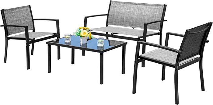 Devoko 4 Pieces Patio Furniture Set Outdoor Garden Patio Conversation Sets Poolside Lawn Chairs with Glass Coffee Table Porch Furniture (Grey)
