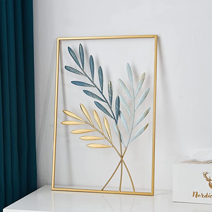 Gold Metal Wall Decor, Leaf Art Wall Hanging Home Decor with Frame, Wall Decoration Sculpture for Living Room, Bedroom, Office Decor Ornaments (11.8 X 17.7 In, Gold Willow Leaves)