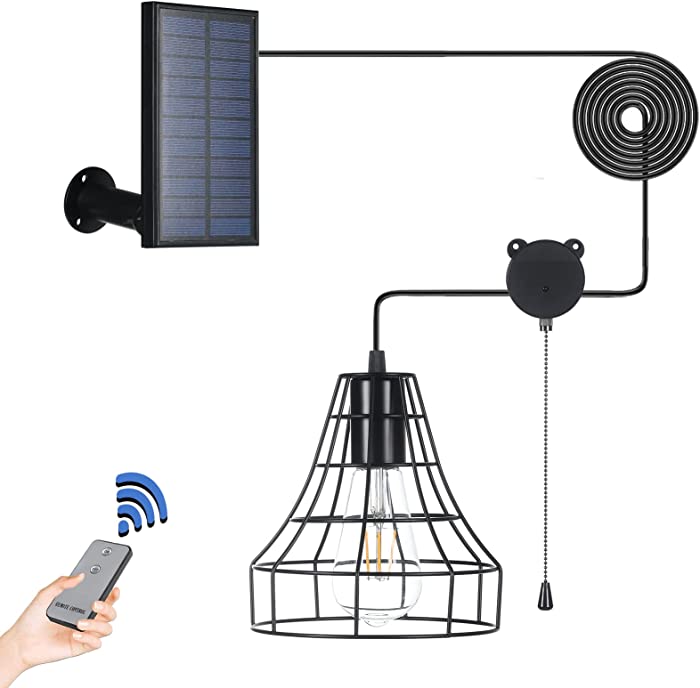 Solar Pendant Lights, Tomskiko Solar Powered Shed Light with Pull Cord and Remote for Outdoor Indoor, Shed Solar Light Outdoor Lights Solar Powered with Adjustable Solar Panel Light Shop Barn Light