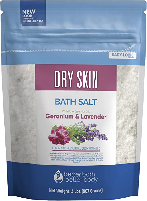 Dry Skin Bath Salt 32 Ounces Epsom Salt with Natural Geranium, Lavender, Ylang Ylang, and Lemon Essential Oils Plus Vitamin C in BPA Free Pouch with Easy Press-Lock Seal