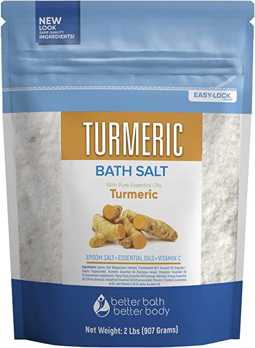 Turmeric Bath Salt 32 Ounces Epsom Salt with Natural Turmeric, Cinnamon, Ylang Ylang, Orange and Grapefruit Essential Oils Plus Vitamin C in BPA Free Pouch with Easy Press-Lock Seal
