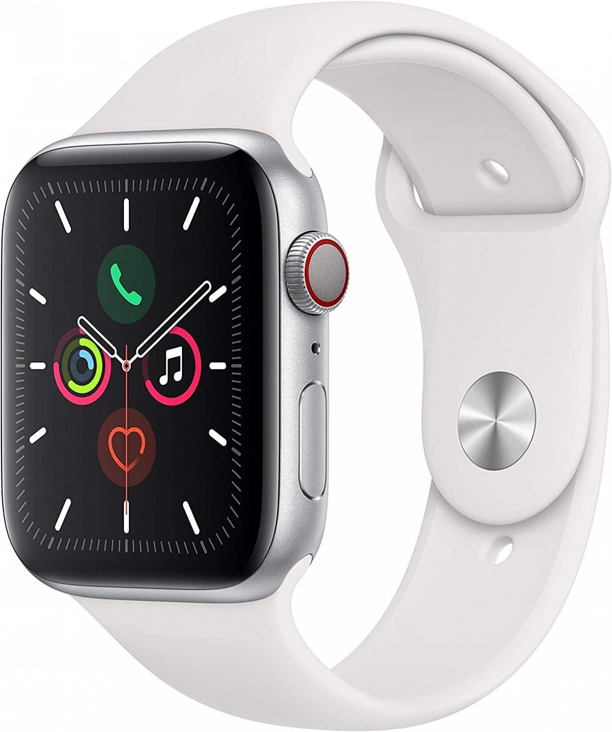 Apple Watch Series 5 (GPS + Cellular, 44MM) Silver Aluminum Case with White Sport Band (Renewed)