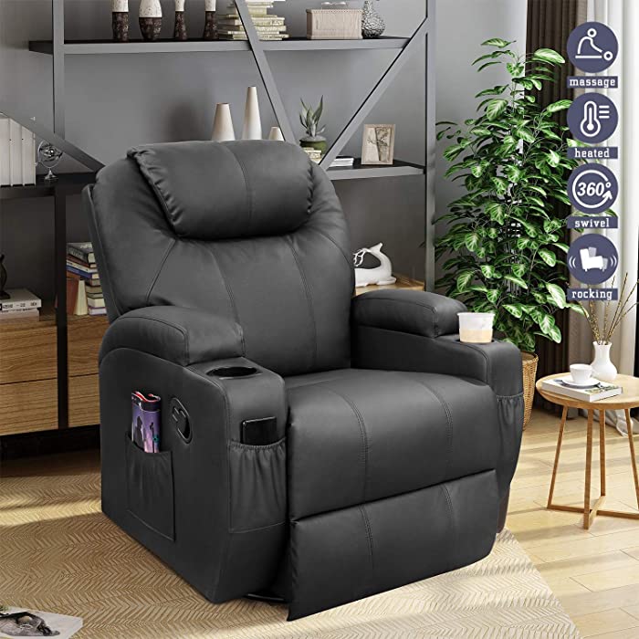 Furniwell Recliner Chair Massage Leather Living Room Chair Home Theater Seating Heated Overstuffed Single Sofa 360° Swivel and Rocking (Black)
