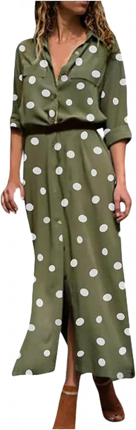 Midi Dress,Fashion Casual Dot Print Lapel Long Sleeves Single-Breasted Stitching Loose Waist Hem Split Cloth