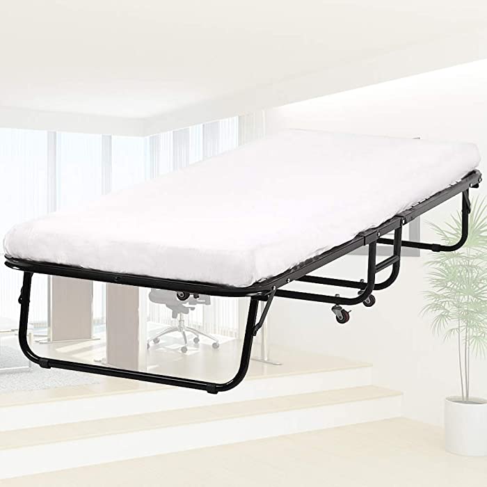 Dkeli Folding Bed Camping Cot Bed Guest Bed Metal Frame with Mattress Heavy Duty 330Lbs Weight Capacity Portable Foldable Twin Size Rollaway Bed on Wheels for Adults, Kids (White)