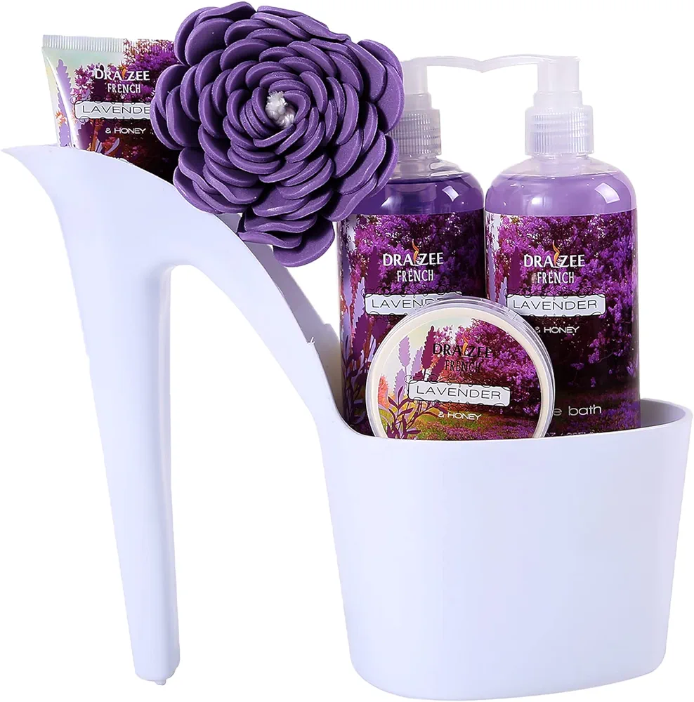 Draizee Heel Shoe Spa Basket For Women 5 Pcs Lavender Scented Bath and Body Home Relaxation Spa Gift Basket Set w/ Body Lotion & Butter, Shower Gel, Bubble Bath Perfect Christmas Gift for Women