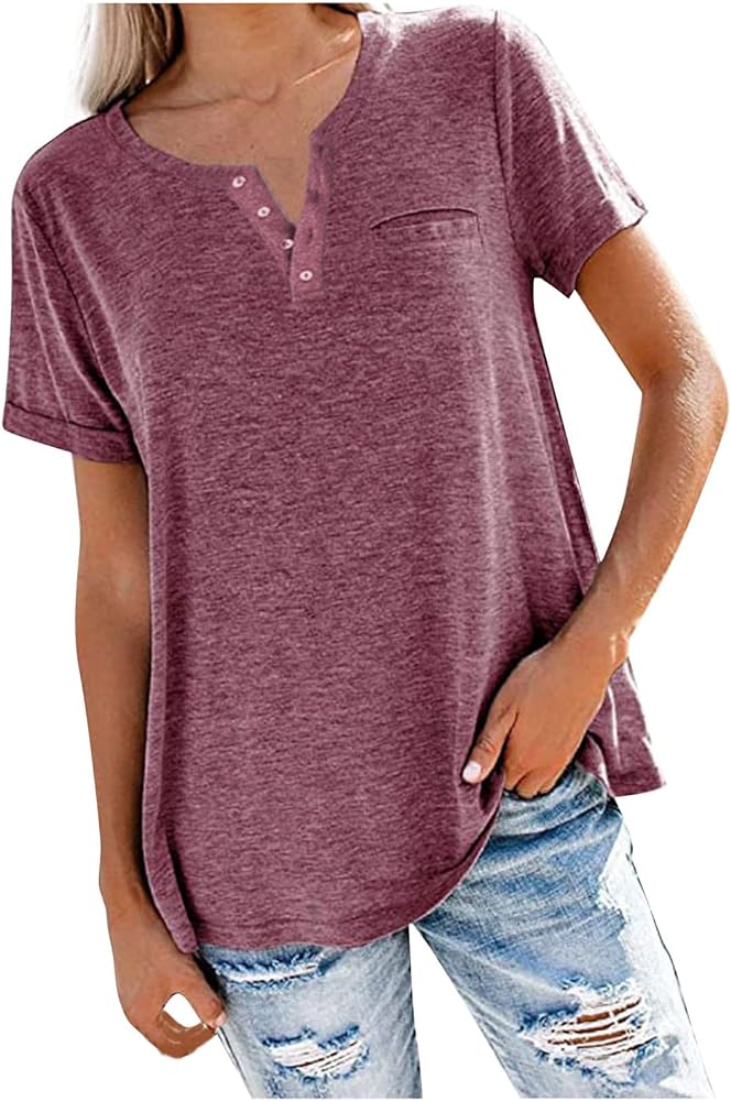 SMIDOW Womens Short Sleeve Tops Casual 2023 Summer Business Casual t-Shirt Short Sleeve Notch v Neck Loose Comfy Solid Blouse